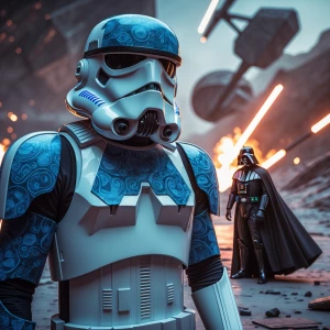 A rebel stormtrooper, distinctly wearing **blue paisley print ar...