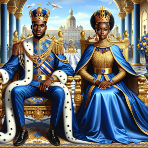 Create a 3-D realistic oil, painting of a African-American Royal...
