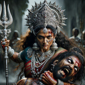 portrait of angry looking goddess durga  carrying a weak mahishasur in her two arms and stabbing him with her amazingly designed trident. She is wearing a huge silver crown, red saree, abundant silver jewelry, covered in blood. The scene is set in ancient India. The image is 8K resolution, cinematic, ultra detailed face and epic.