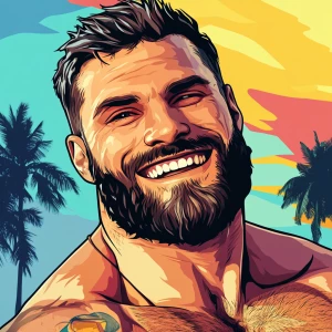 White muscular thin man with beard, big chin, smile and cheekbon...