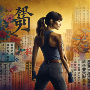 Athletic Thin skinny Attractive, Asian teenage girl, long brown hair and bangs, wearing tight skinny jeans and a halter top paint marks on her clothing, heroic pose Asian graffiti background, backside view