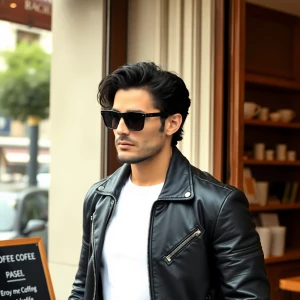 Italian male model with wavy black hair walking into a coffee sh...