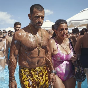 Photorealism,a muscular beefy criminal man walking with his swea...