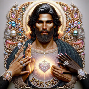 A 3D realistic artwork featuring the phrase 'Jesus Saves' adorne...