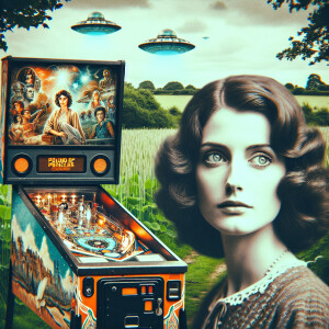 Faded color film photograph of a pinball machine in the middle o...