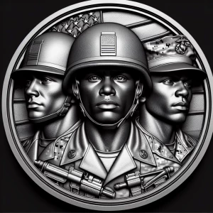 Design a high-contrast grayscale 3d bas relief of three marine soldiers, The composition should be circular like a coin emblem, designed for CNC routing with balanced lighting to accentuate fine details, sharp edges, and distinct textures. Employ deep shadows and strong highlights to define planes and surfaces clearly.