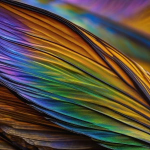 An extreme close-up of a butterfly’s wing, revealing intricate patterns and a spectrum of iridescent colors.