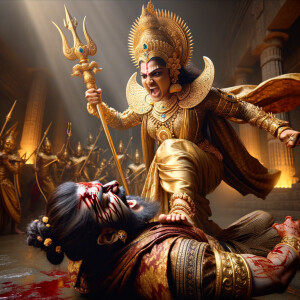 photograph of angry looking, indian goddess trampling a defeated mahishasur with her foot, while he is lying on the ground, she has a trident in her hand. She is wearing gold armor, a huge gold crown, gold saree, abundant  gold jewelry, covered in blood. The scene is set in ancient India. The image is 8K resolution, cinematic, photography, ultra detailed face and epic.