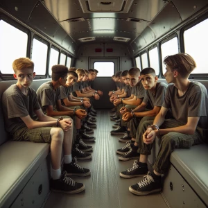 Caucasian male inmates, ages between 13 to 16. all handcuffed bu...
