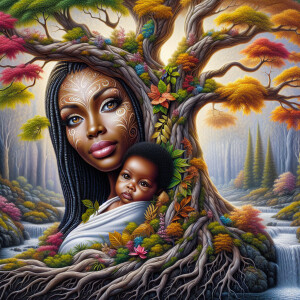 Create a close-up, hyper-realistic 3-D oil painting of a tree wi...