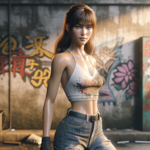 Athletic Thin skinny Attractive, Asian teenage girl, long brown hair and bangs, wearing tight skinny jeans and a halter top paint marks on her clothing, heroic pose Asian graffiti background, backside view