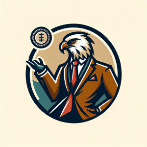 finance falcon logo wearing suit flipping a coin