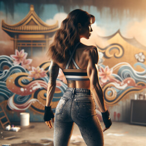 Athletic Thin skinny Attractive, Asian teenage girl, long brown hair and bangs, wearing tight skinny jeans and a halter top paint marks on her clothing, heroic pose Asian graffiti background, backside view