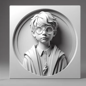 Design a grayscale 3D bas-relief of Harry potter, featuring soft...