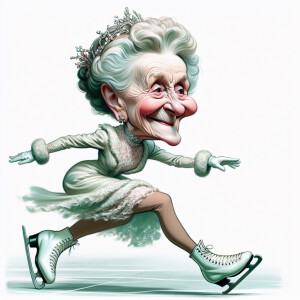 This is a caricature-style painting of an elderly queen of Engla...