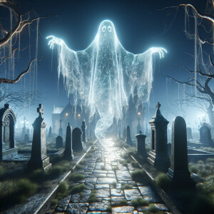 Transparent ghost with arms outspread, hovering above a graveyar...