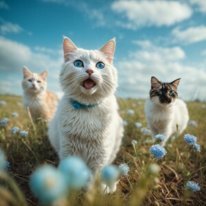 A cute cat of white color and blue eyes with his friends playing...
