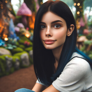 A very attractive young woman with straight dark blue hair and d...