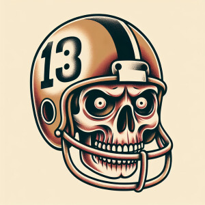 Skull with bulging eyes, wearing an old fashion football helmet...