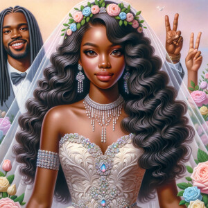 Create a 3-D realistic oil, painting of a beautiful African-American bride. She has long flooring, wavy hair and her gown has beautiful jewels around the neckline. in the background there is a beautiful African-American Jesus Christ with long dreadlocks, and he is smiling. He is very handsome pastel flowers throughout the image.