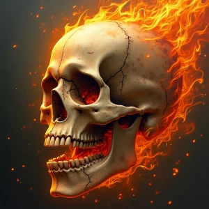 A  skull face emerging from a flame, half alive and half burning...