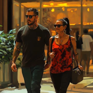 Digital painting.A sweaty  man walking with his 54 year old moth...