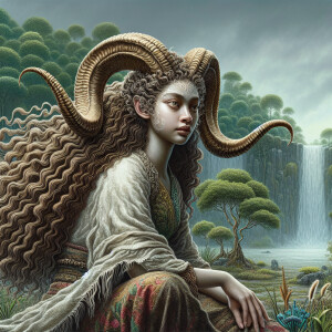 Create a character with long tight Curly hair, going down her ba...