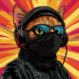 A wide-eyed ginger cat wearing a black tactical balaclava (or ma...