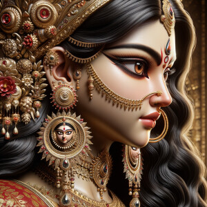 Side view portrait of gorgeous and angry goddess durga. intricately detailed depiction of a goddess. gold jewelry all over body. sharp nose, light skin, beautiful brown eyes, wavy black hair, ultra detailed face. Wearing red saree, a lot of ear piercings, uhd, hdr, 64k, epic scene. Photography, ultra detailed face, epic, 8K