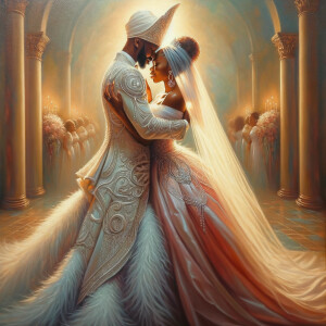 Imagine a hyper-realistic oil painting that captures a tender moment between theAfrican American bride and her God. The setting is intimate and filled with soft, warm lighting that enhances the emotional depth of the scene. The bride, in herexquisite wedding gown, shares a heartfelt embrace with her african-American Lord Jesus , who is dressedin an elegant outfit that complements the wedding's color scheme. Their expressions are full of love, pride, and joy, reflecting the special bond between them. Theattention to detail is paramount, from the intricate designs of their dresses to the subtle emotions conveyed in their facial expressions. The background is a blur ofgentle pastel hues, ensuring that the focus remains on this touching moment. Thispainting should convey the warmth, love, and depth of the relationship, with the rich textures and vibrant strokes characteristic of oil paintings, capturing the essence of this significant pre-wedding moment.