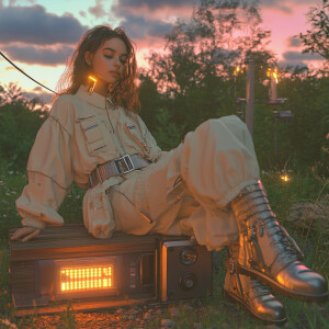 Capture a hyper-realistic, cool Cottagecore portrait of a young...