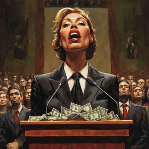 A woman in a business suit, with an exaggeratedly large mouth, s...