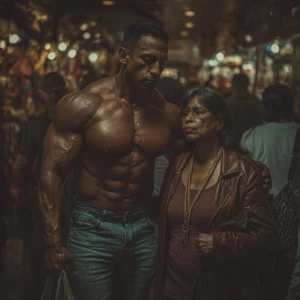 Hyperrealism photo art.a  indian criminal sweaty muscular beefy...