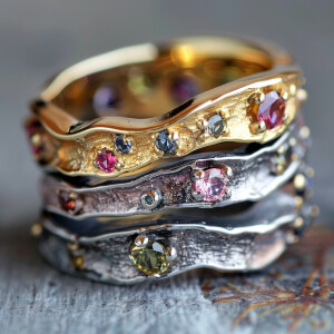 Design a unique ring that combines sterling silver and gold, fea...