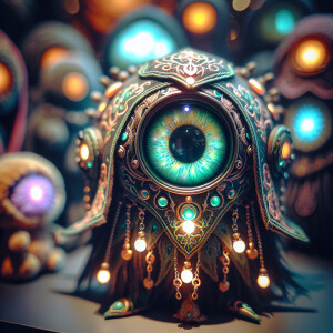 In a whimsically sinister scene, a plush ominous digital oracle...