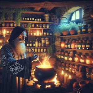 A witch stirring a bubbling cauldron in a cozy, dimly lit cottage, with shelves of herbs and glowing jars in the background.