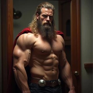 muscular hairy Thor showing off in the mirror and bulge