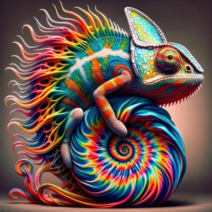 Trippy chameleon morphing into swirling colors