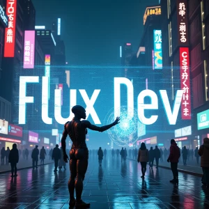 A futuristic and visually striking ["Flux Dev" text ] A sprawling cyberpunk cityscape of the future, illuminated by glowing neon billboards and holographic projections. The words 'Flux Dev' appear on a massive digital display, with pixelated distortions and glitch effects. A humanoid AI figure with sleek, high-tech armor stands in the foreground, manipulating floating holograms, symbolizing the power of AI-driven creativity.