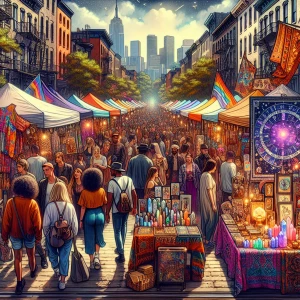 Vibrant street fair with colorful stalls and bustling crowds, ta...