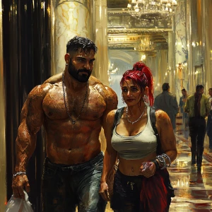 realism art style.A muscular beefy sweaty man, walking with his...