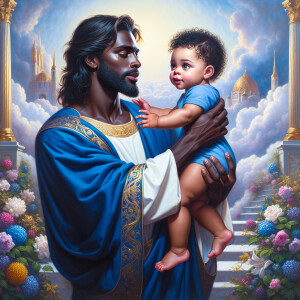 Classical oil painting style depicting an African-American Jesus...