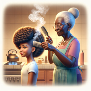 Create a realistic 3-D image of an african-American grandmother in the kitchen with her african-American granddaughter. The grandmother has a hot comb in her hair and she is straightening her granddaughters hair. One side of her granddaughters hair is in  a Afro the other is bone straight 
There is smoke coming from the hot comb