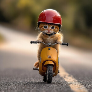 A small orange kitten with black eyes sporting a red helmet, per...