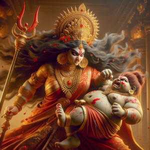 portrait of angry looking goddess durga  carrying a chubby mahishasur in her arms and poking him with her amazingly long red fingernails. She is wearing a huge gold crown, red saree, abundant  gold jewelry, covered in blood. The scene is set in ancient India. The image is 8K resolution, cinematic, ultra detailed face and epic.