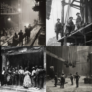 Black and white photo of Broadway stagehands from the year 1900