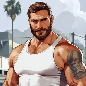 White muscular thin man with beard, big chin, smile and cheekbon...