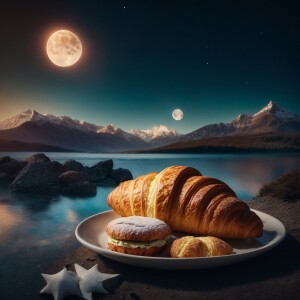 Lobo with moon and mountain with lake shine. And a lot of starts...