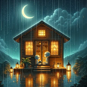 Create a cozy, rain-soaked evening scene in front of a rustic wo...