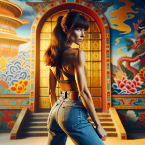 Athletic Thin skinny Attractive, Asian teenage girl, long brown hair and bangs, wearing tight skinny jeans and a halter top paint marks on her clothing, heroic pose Asian graffiti background, backside view